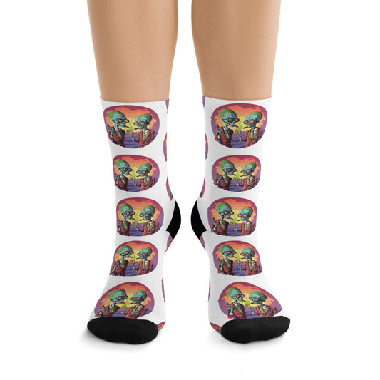 Colorful Alien Art Socks, Unique Eco-Friendly Crew Socks, Fun Gift for Sci-Fi Lovers, Casual Everyday Wear, Recycled Poly Socks