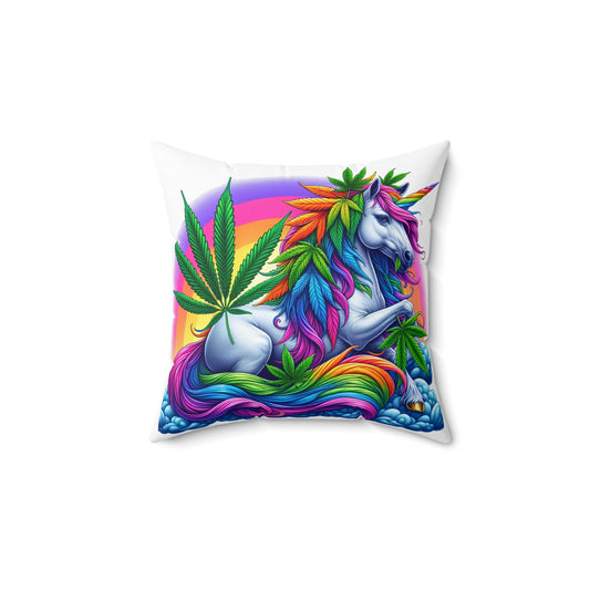 Rainbow Unicorn & Leaf Pillow - Whimsical Decor for Cannabis Lovers, Colorful Home Accent, Unique Gift for All Occasions, Fun Party Decor