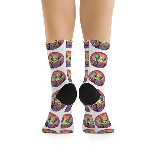 Colorful Alien Art Socks, Unique Eco-Friendly Crew Socks, Fun Gift for Sci-Fi Lovers, Casual Everyday Wear, Recycled Poly Socks