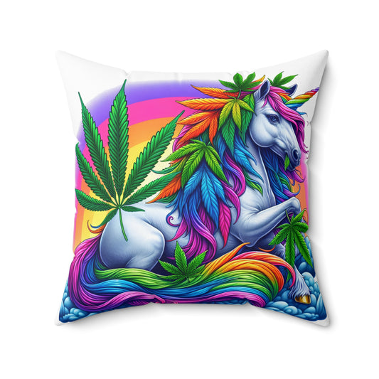 Rainbow Unicorn & Leaf Pillow - Whimsical Decor for Cannabis Lovers, Colorful Home Accent, Unique Gift for All Occasions, Fun Party Decor